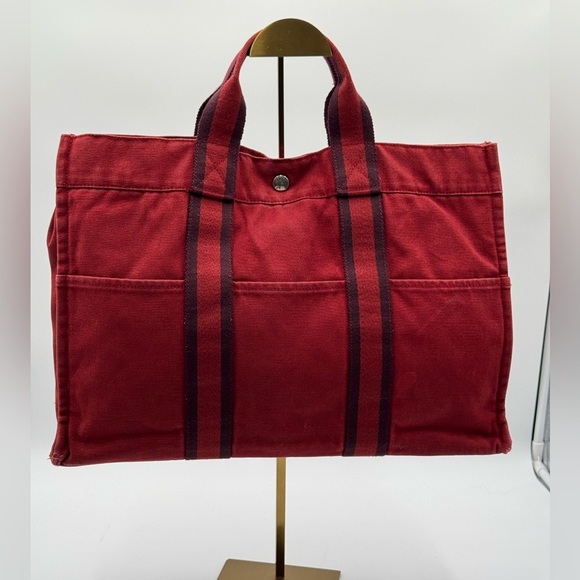 Authentic Hermes Large Tote Red Canvas w/Dark Black Stripes 16.5x12 - Picture 1 of 14